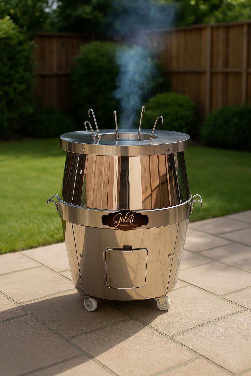 GULATI smooth copper barrel tandoor on a backyard patio