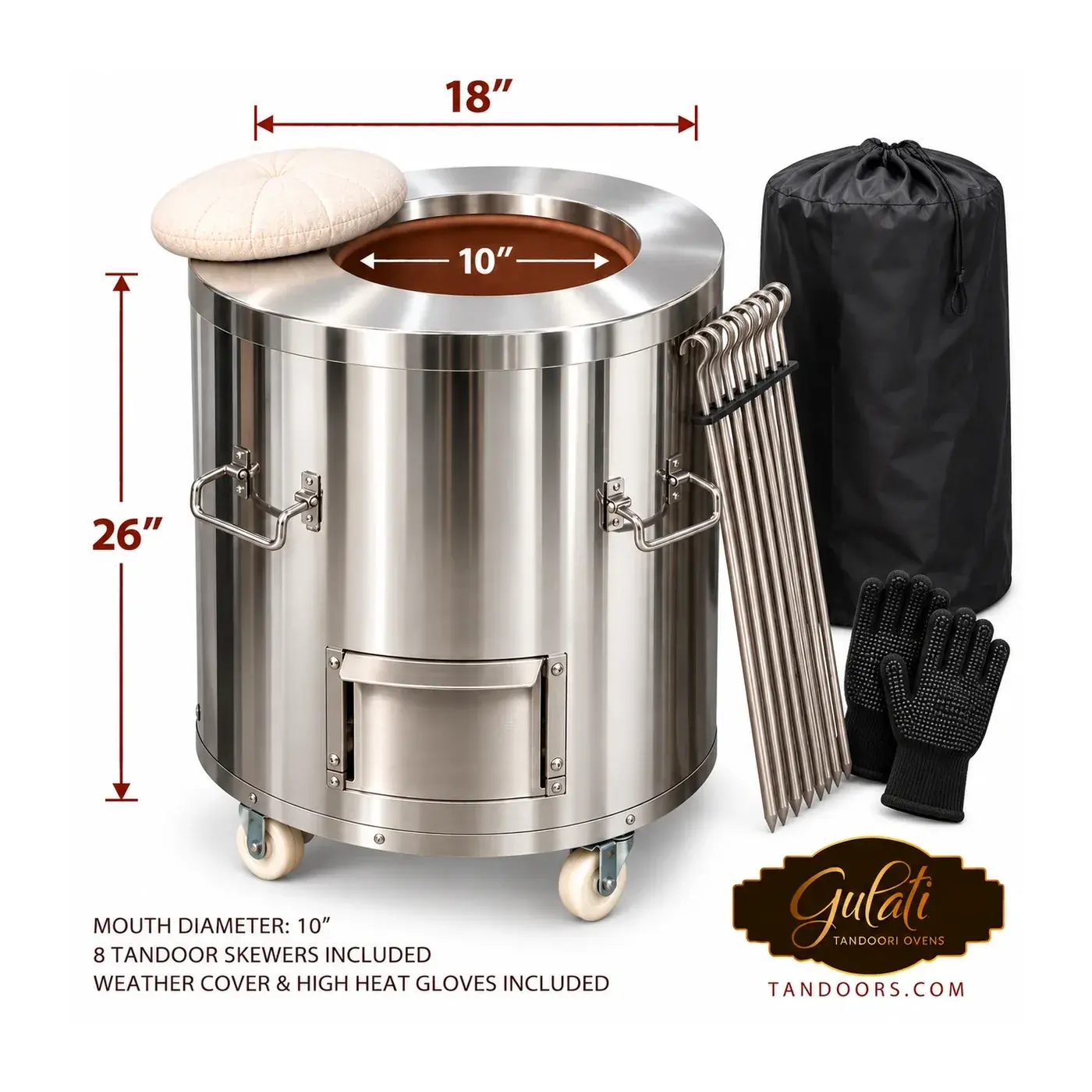 GULATI Family Size 18″ × 26″ home tandoor with skewers, weather cover and high-heat gloves