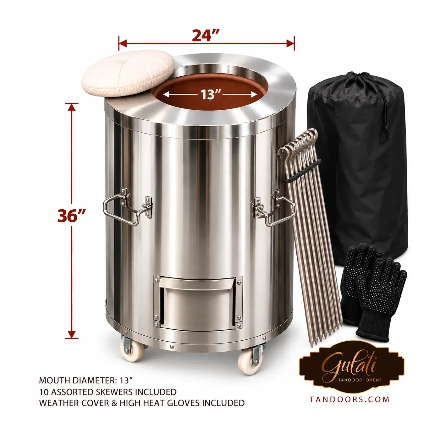 GULATI Jumbo 24″ × 36″ home tandoor - 13″ mouth, with skewers, weather cover and gloves